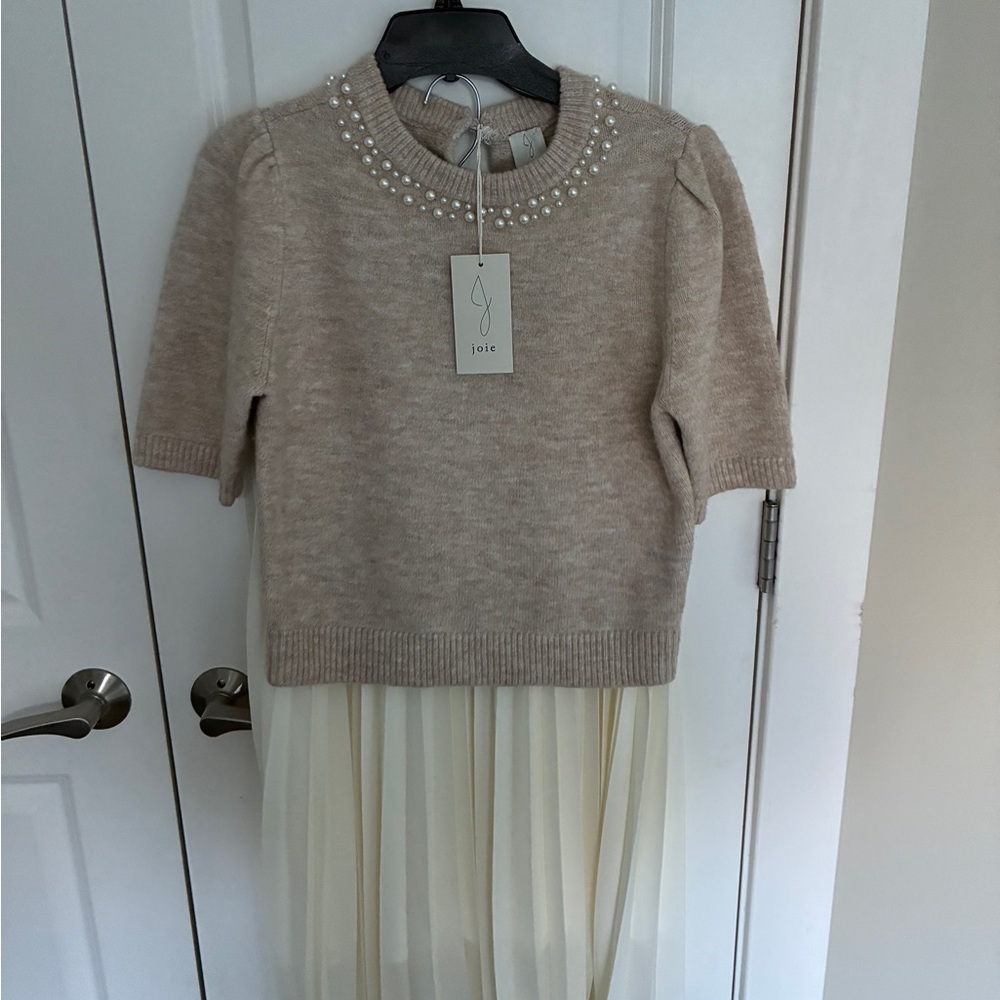 NWT Joie Beige Sweater with Pearl Accents and white cream midi skirt holiday out - Picture 2 of 7